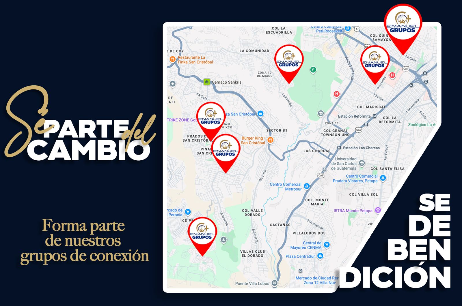 Invitación a los grupos de conexión de Emanuel, con un mapa de sus ubicaciones
